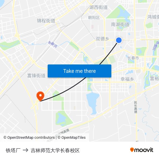 铁塔厂 to 吉林师范大学长春校区 map