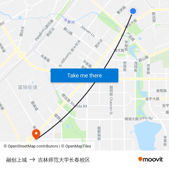 融创上城 to 吉林师范大学长春校区 map
