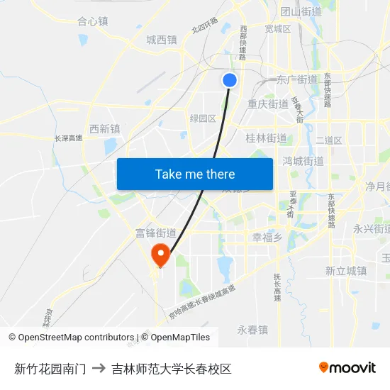 新竹花园南门 to 吉林师范大学长春校区 map