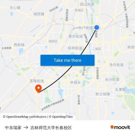 中东瑞家 to 吉林师范大学长春校区 map