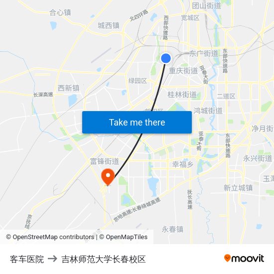 客车医院 to 吉林师范大学长春校区 map