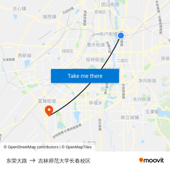 东荣大路 to 吉林师范大学长春校区 map