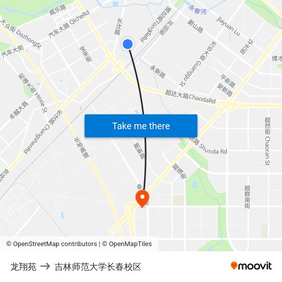 龙翔苑 to 吉林师范大学长春校区 map