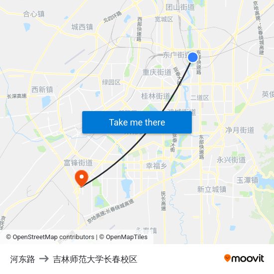 河东路 to 吉林师范大学长春校区 map