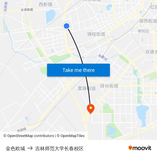 金色欧城 to 吉林师范大学长春校区 map