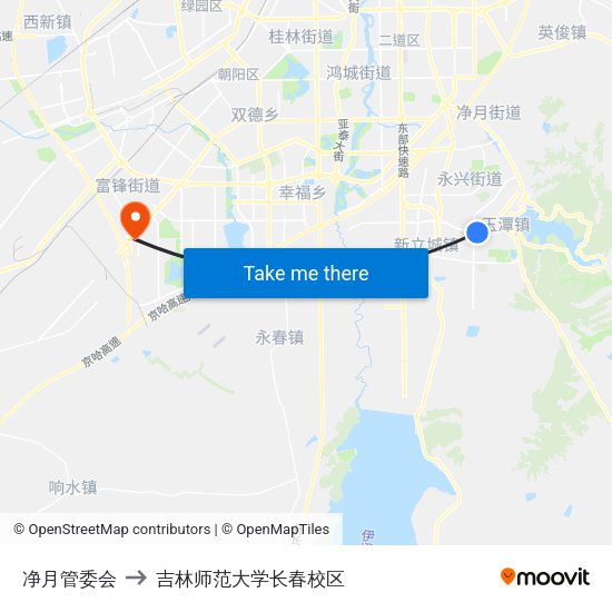 净月管委会 to 吉林师范大学长春校区 map