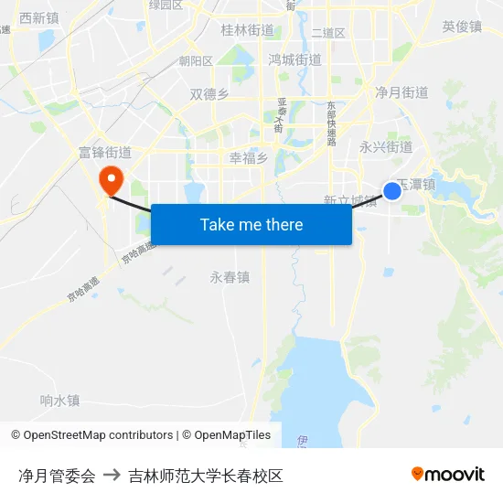净月管委会 to 吉林师范大学长春校区 map