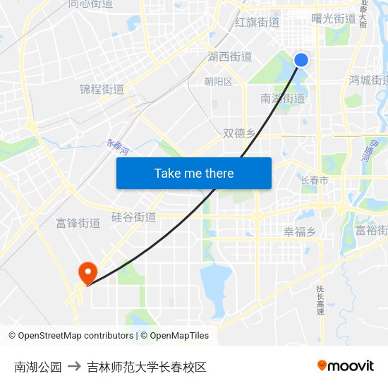 南湖公园 to 吉林师范大学长春校区 map