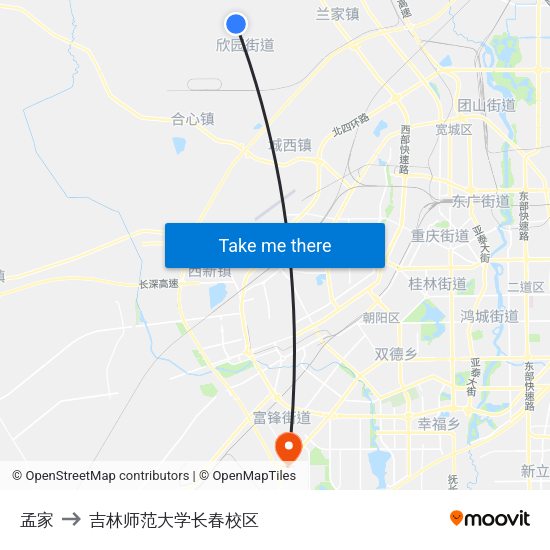 孟家 to 吉林师范大学长春校区 map