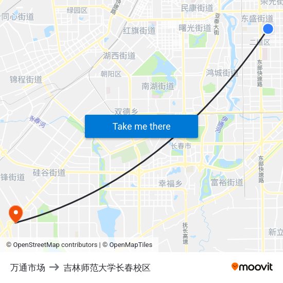 万通市场 to 吉林师范大学长春校区 map