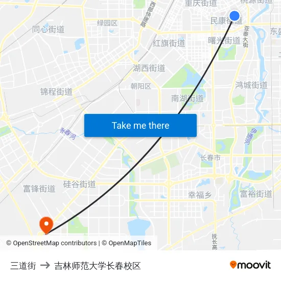 三道街 to 吉林师范大学长春校区 map