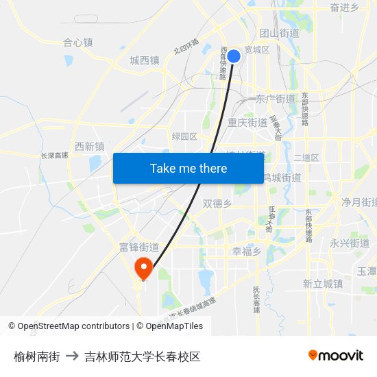 榆树南街 to 吉林师范大学长春校区 map