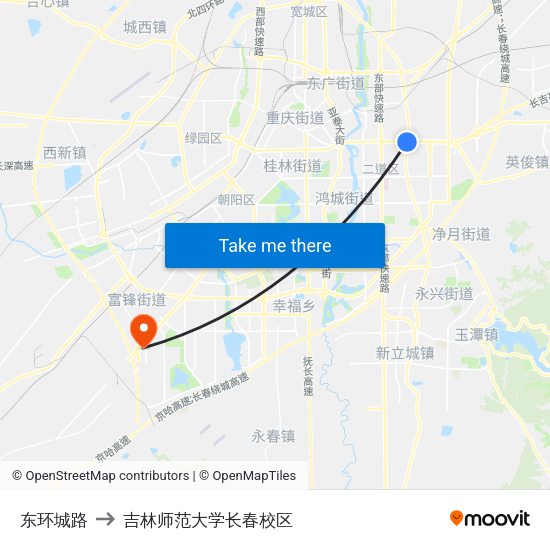 东环城路 to 吉林师范大学长春校区 map