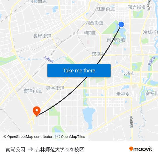 南湖公园 to 吉林师范大学长春校区 map