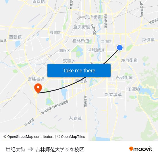 世纪大街 to 吉林师范大学长春校区 map
