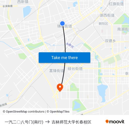一汽二〇八号门(南行) to 吉林师范大学长春校区 map