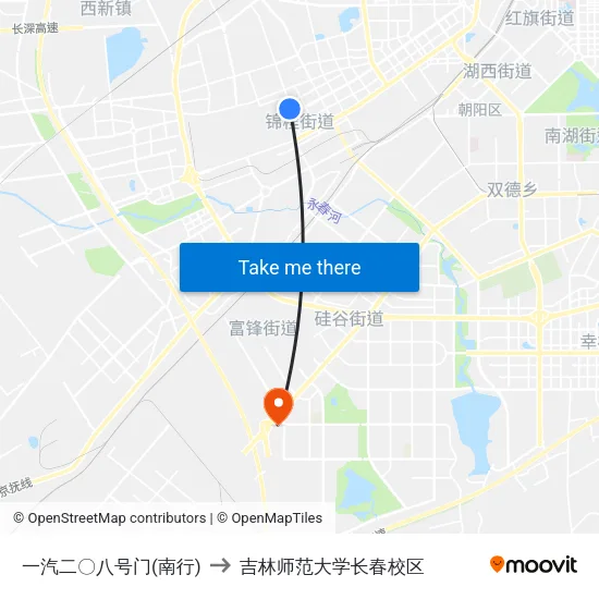 一汽二〇八号门(南行) to 吉林师范大学长春校区 map