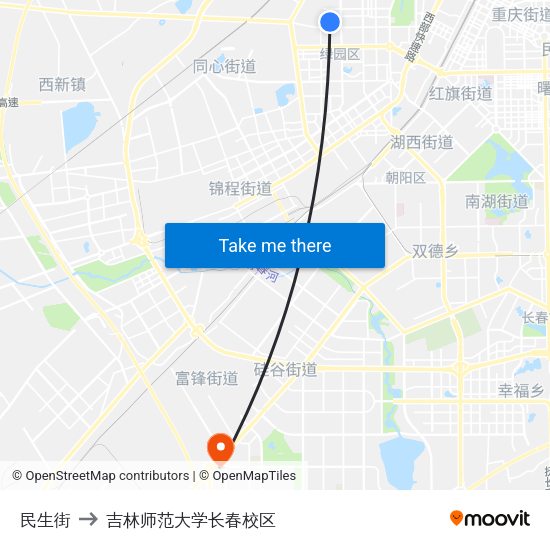 民生街 to 吉林师范大学长春校区 map