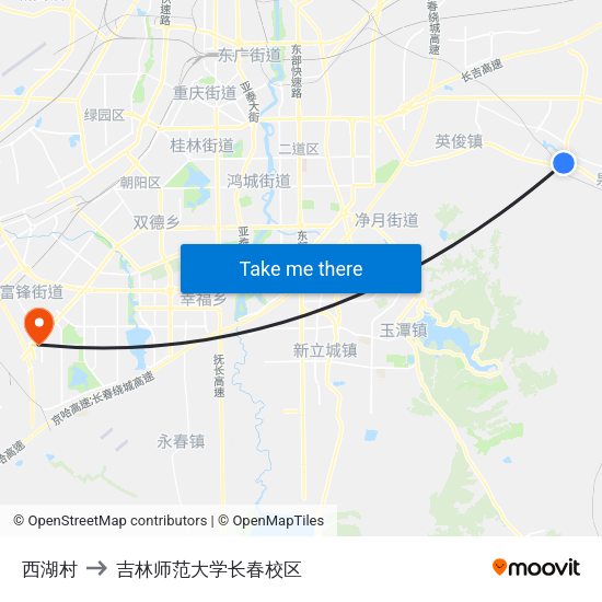 西湖村 to 吉林师范大学长春校区 map