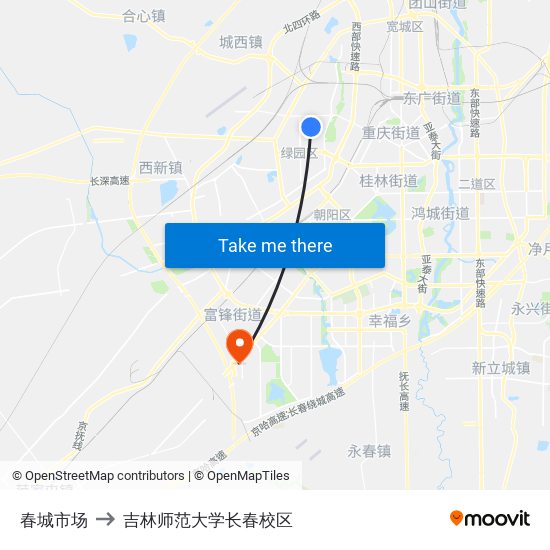 春城市场 to 吉林师范大学长春校区 map