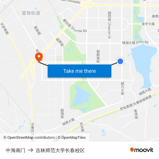 中海南门 to 吉林师范大学长春校区 map