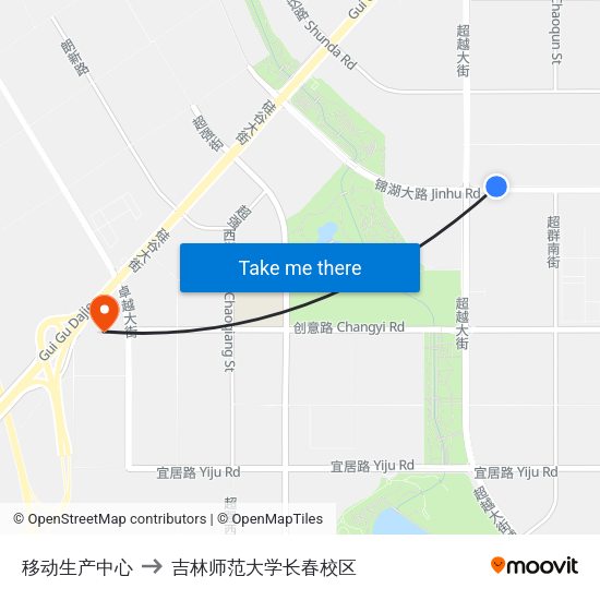移动生产中心 to 吉林师范大学长春校区 map