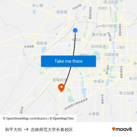 和平大街 to 吉林师范大学长春校区 map