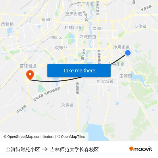 金河街财苑小区 to 吉林师范大学长春校区 map