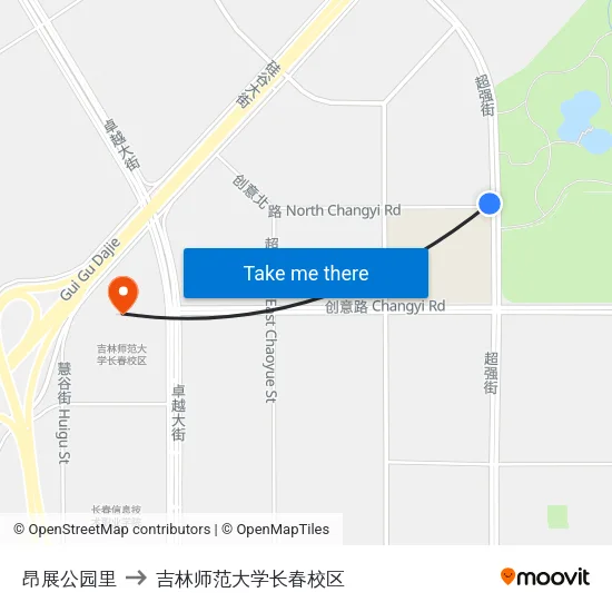 昂展公园里 to 吉林师范大学长春校区 map