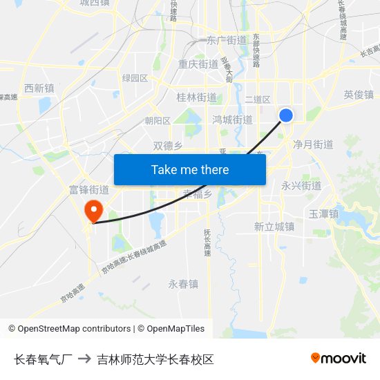 长春氧气厂 to 吉林师范大学长春校区 map