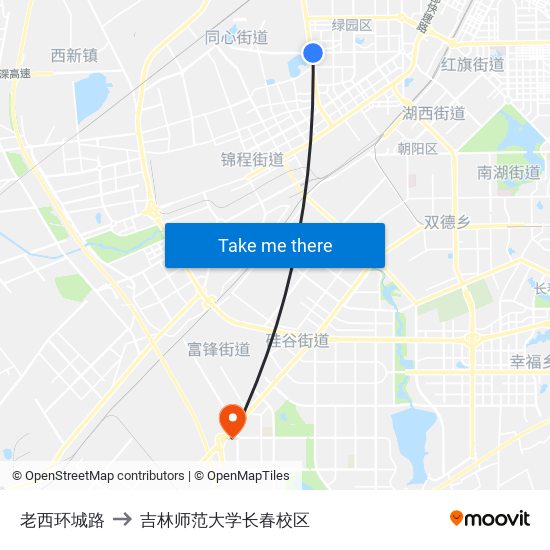 老西环城路 to 吉林师范大学长春校区 map
