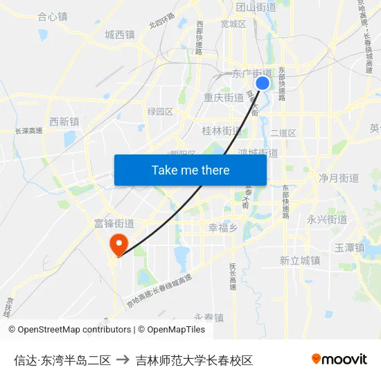 信达·东湾半岛二区 to 吉林师范大学长春校区 map