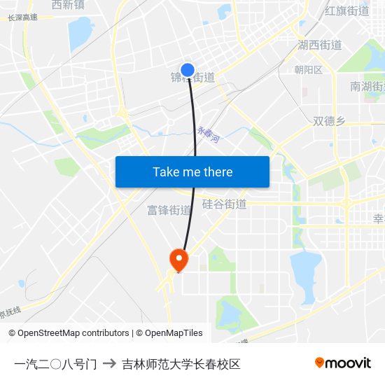 一汽二〇八号门 to 吉林师范大学长春校区 map