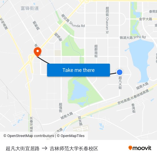 超凡大街宜居路 to 吉林师范大学长春校区 map
