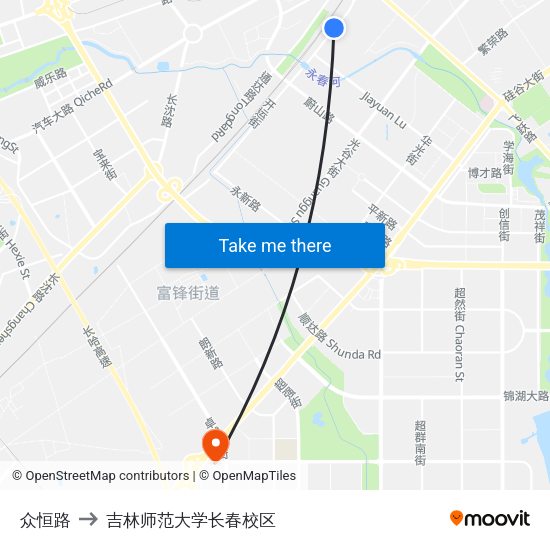 众恒路 to 吉林师范大学长春校区 map