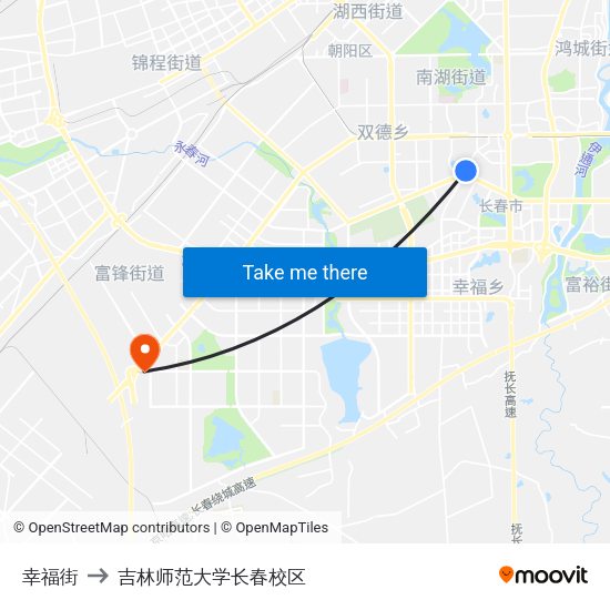 幸福街 to 吉林师范大学长春校区 map
