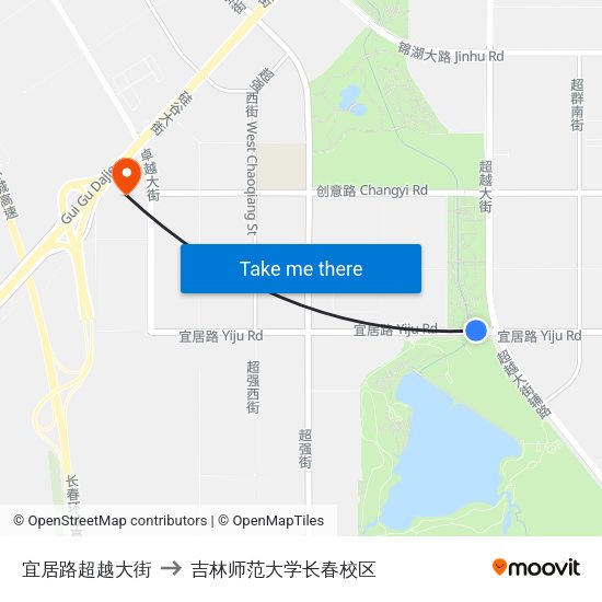 宜居路超越大街 to 吉林师范大学长春校区 map