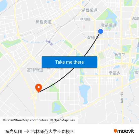 东光集团 to 吉林师范大学长春校区 map