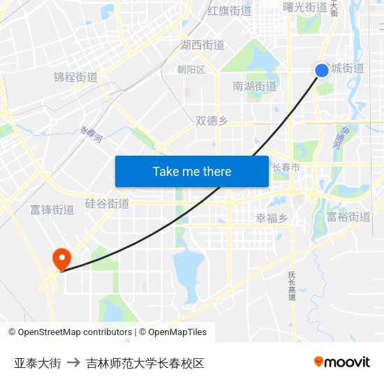 亚泰大街 to 吉林师范大学长春校区 map