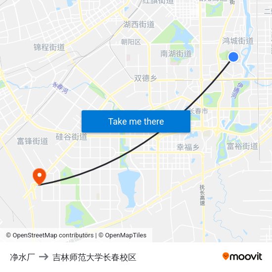 净水厂 to 吉林师范大学长春校区 map