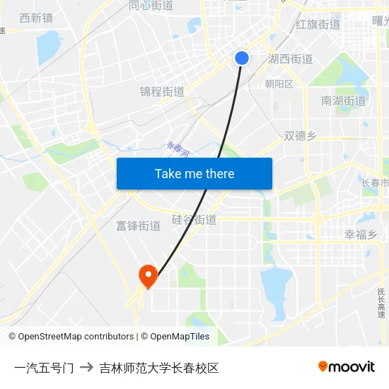 一汽五号门 to 吉林师范大学长春校区 map