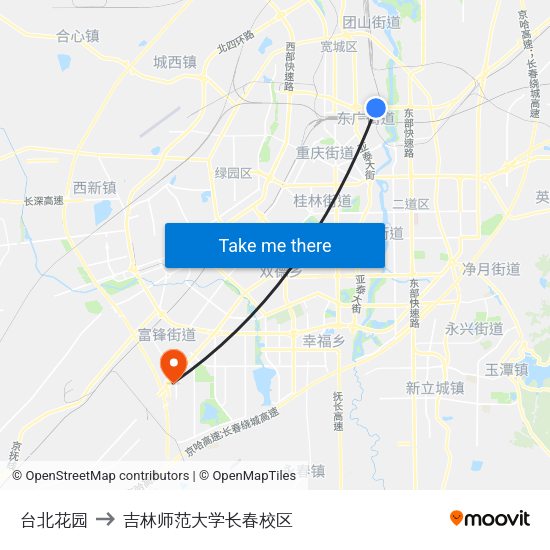 台北花园 to 吉林师范大学长春校区 map