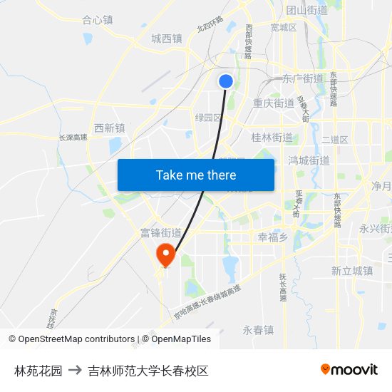 林苑花园 to 吉林师范大学长春校区 map