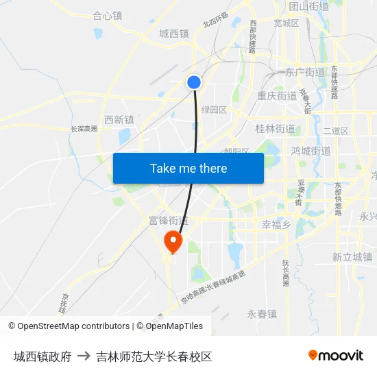 城西镇政府 to 吉林师范大学长春校区 map