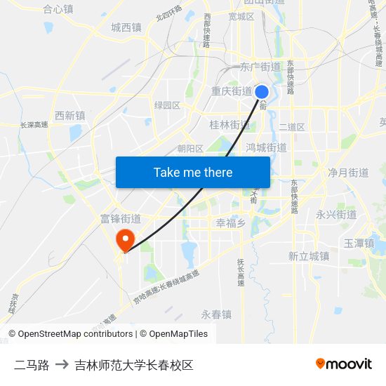 二马路 to 吉林师范大学长春校区 map