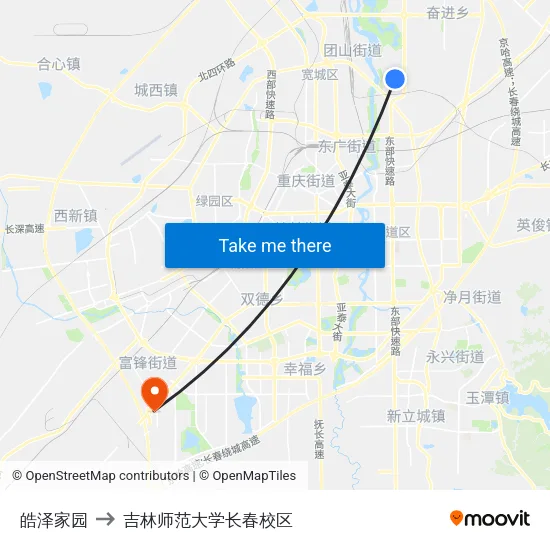 皓泽家园 to 吉林师范大学长春校区 map