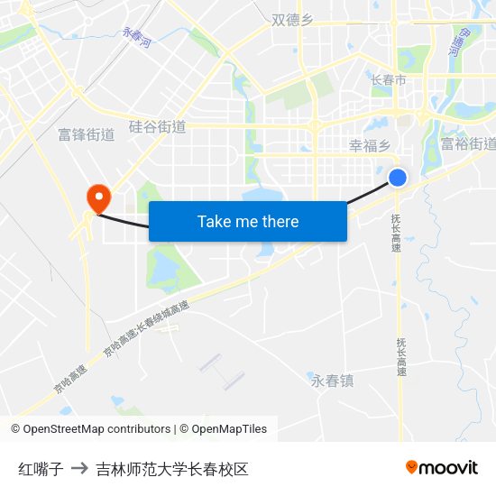 红嘴子 to 吉林师范大学长春校区 map