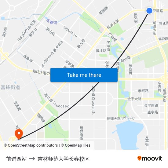 前进西站 to 吉林师范大学长春校区 map