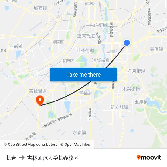 长青 to 吉林师范大学长春校区 map
