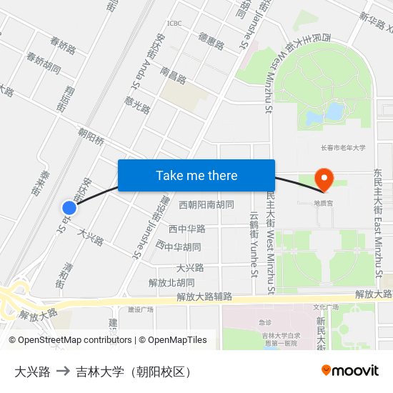 大兴路 to 吉林大学（朝阳校区） map